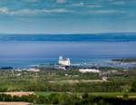 summertime view from blue mountain with a telephoto lens toward collingwood and its iconic terminal building.