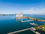 aerial view of collingwood's harbour on a sunny day