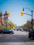 view downtown Collingwood from the top of Hurontario looking south through the core of town.