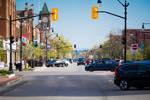 view downtown Collingwood from the top of Hurontario looking south through the core of town.